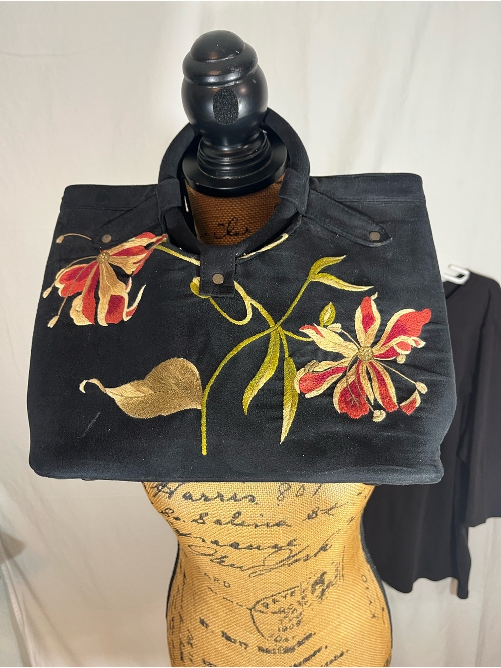 Embroidered Black Floral handbag/clutch purse vintage suede